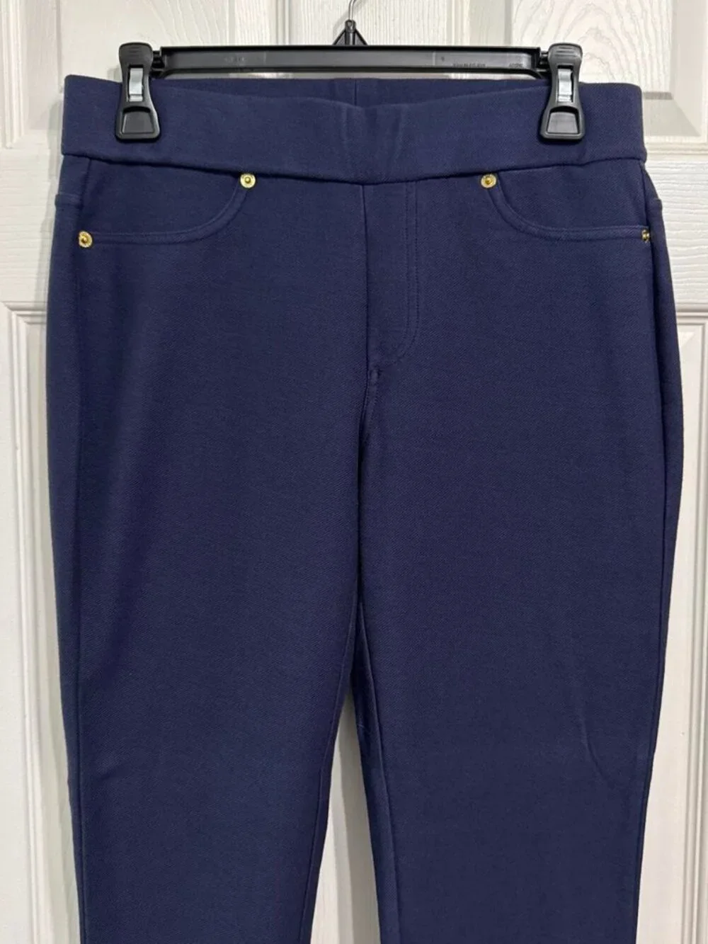 Navy blue elastic waistband business trousers with gold buttons